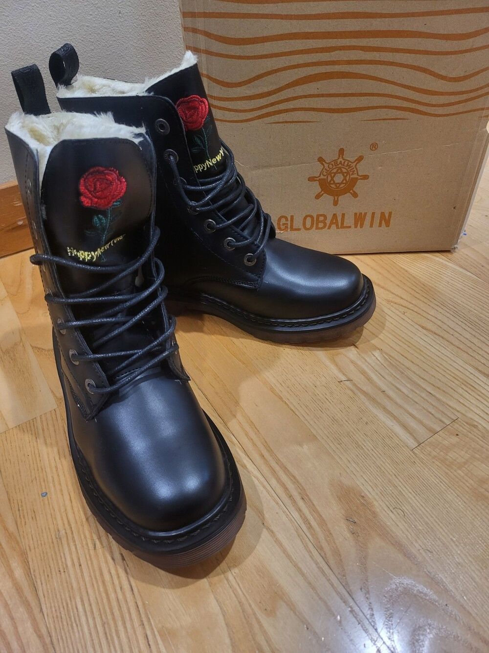 GLOBALWIN Womens Black Combat Boots Size 9 Lace Up Ankle Booties